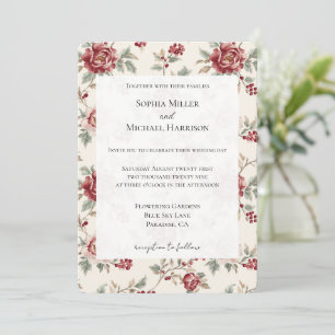 Pretty Chic Red Cream Floral Wedding Invitation