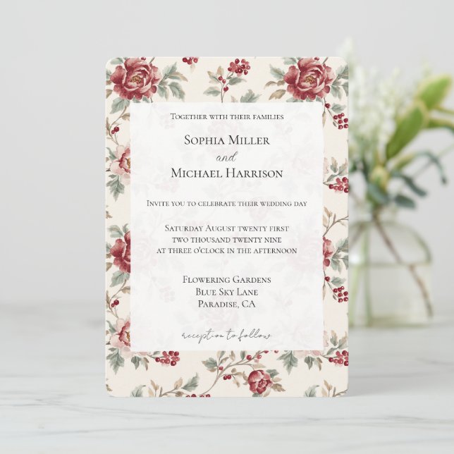 Pretty Chic Red Cream Floral Wedding Invitation (Standing Front)