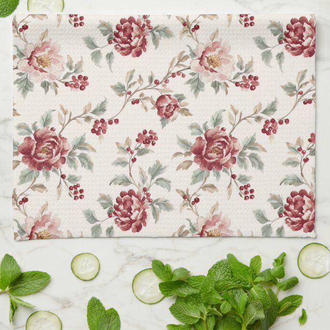 Pretty Chic Red Cream Floral Wedding Kitchen Towel (Folded)