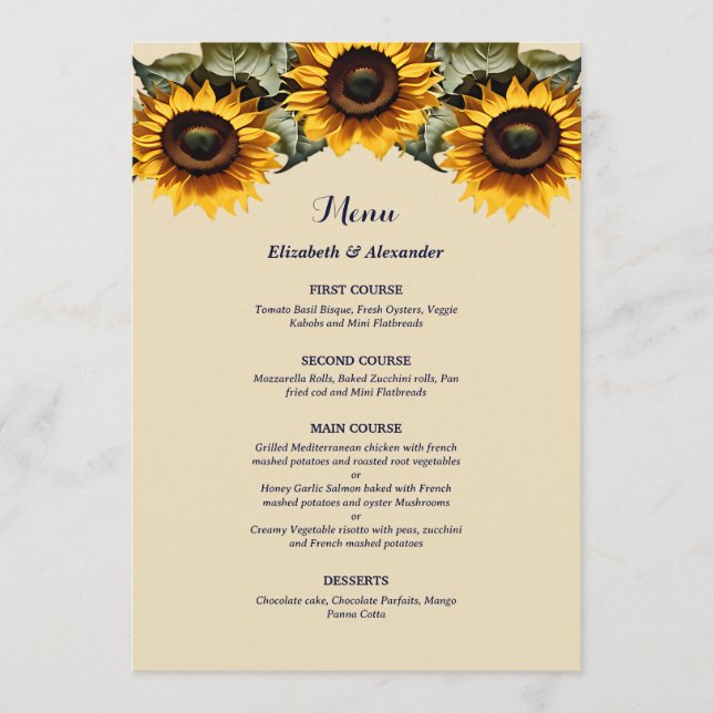 Pretty chic Yellow sunflowers wedding Menu (Front)