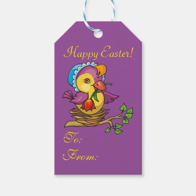 Pretty Chick Nesting Flowers Purple EasterGift Tag (Front)