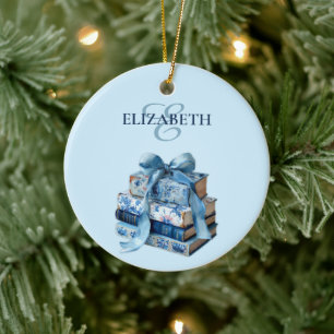Pretty Chinoiserie Blue Book Lover Personalized Ceramic Ornament