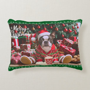 Pretty Christmas Boston Terrier in Pyjamas Accent Pillow