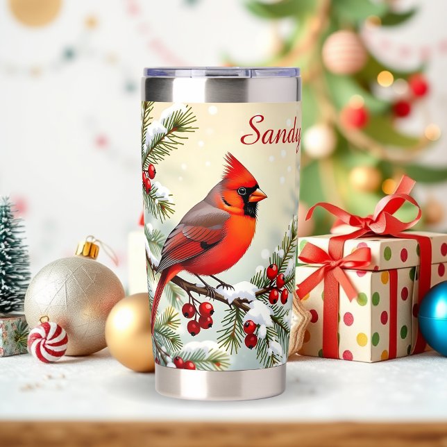 Pretty Christmas Cardinal and Pine Branches Insulated Tumbler (Creator Uploaded)
