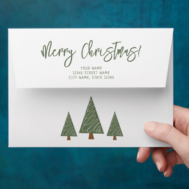 Pretty Christmas envelopes with green pine trees (Hand)