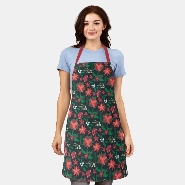 Pretty Christmas Poinsettia Floral Pattern Apron (Worn)