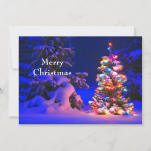 Pretty Christmas Tree Lights Snow Photo Flat Holiday Card