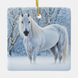 Pretty Christmas White Horse Snow Lights Ceramic Ornament