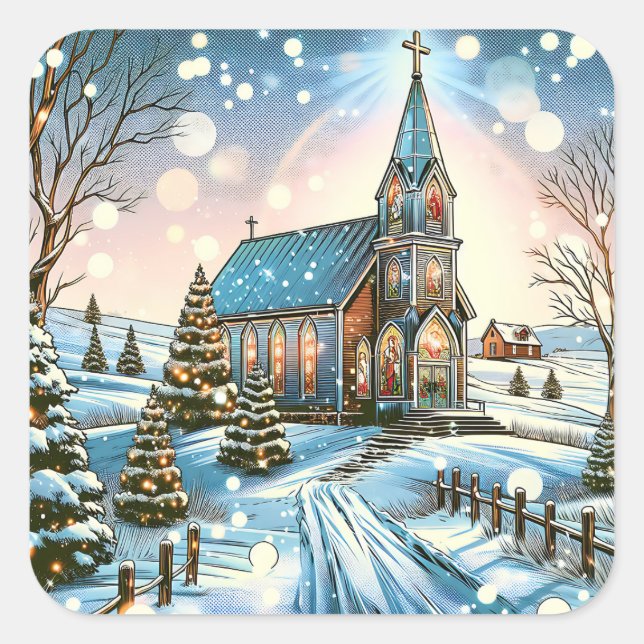 Pretty Church on a Winter Day Christmas Square Sticker (Front)