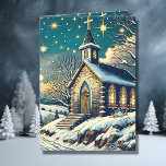 Pretty Church on a Winter Personalized Christmas Holiday Card<br><div class="desc">Pretty personalized Christmas card. Gorgeous blue and white background with white snowflakes and sparkles surround a pretty church and cross with stained glass windows.</div>