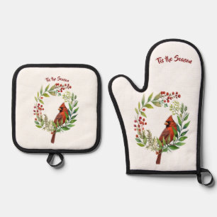Pretty Classic Cardinal Red Bird Oven Mitt & Pot Holder Set