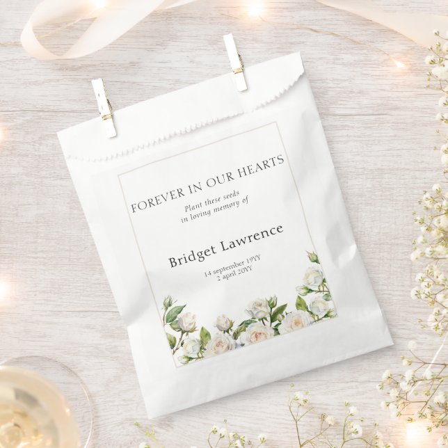 Pretty classic white roses funeral seed packet favour bag (Clipped)
