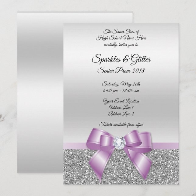 Pretty Classy Lilac Bow & Silver Glitter Prom Invitation (Front/Back)
