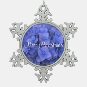 Pretty Close-up Blue Hydrangea Floral on Snowflake Pewter Christmas Ornament