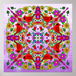 Pretty Colorful Cardinals and Flowers Mandala  Poster
