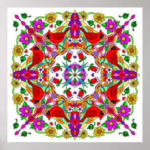 Pretty Colorful Cardinals and Flowers Mandala  Poster