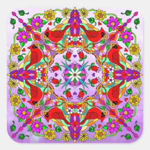Pretty Colorful Cardinals and Flowers Mandala   Square Sticker