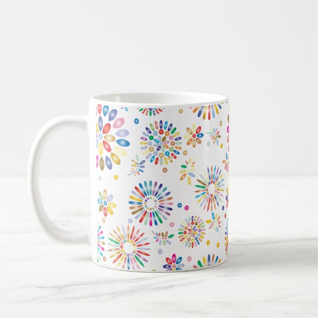 Pretty Colorful Flowers Circles Pattern on White Coffee Mug (Left)