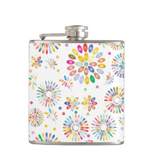 Pretty Colorful Flowers Circles Pattern on White Hip Flask
