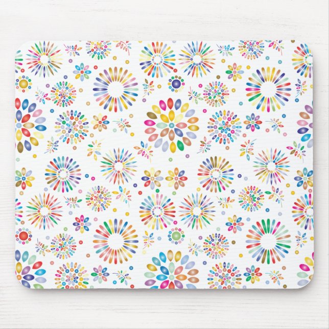 Pretty Colorful Flowers Circles Pattern on White Mouse Pad (Front)