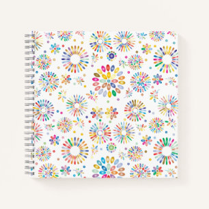 Pretty Colorful Flowers Circles Pattern on White Notebook