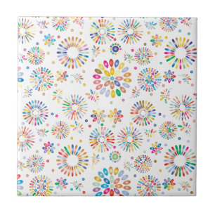 Pretty Colorful Flowers Circles Pattern on White Tile