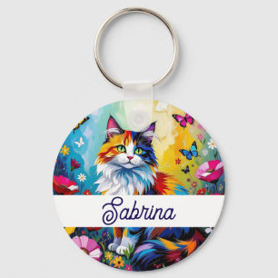 Pretty Colorful Impasto Cat and Flowers Keychain