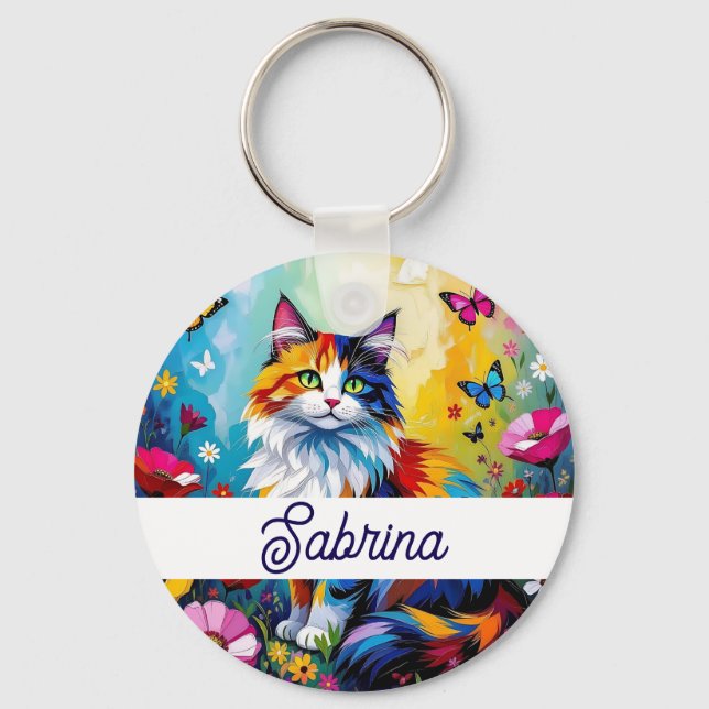 Pretty Colorful Impasto Cat and Flowers Keychain (Front)