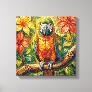 Pretty Colorful Impasto Parrot and Tropical Flower Canvas Print