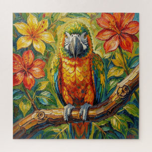 Pretty Colorful Impasto Parrot and Tropical Flower Jigsaw Puzzle