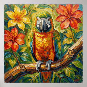 Pretty Colorful Impasto Parrot and Tropical Flower Poster
