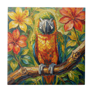 Pretty Colorful Impasto Parrot and Tropical Flower Tile