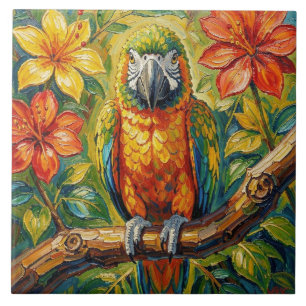 Pretty Colorful Impasto Parrot and Tropical Flower Tile