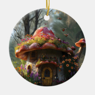Pretty colorful mushroom house ceramic ornament
