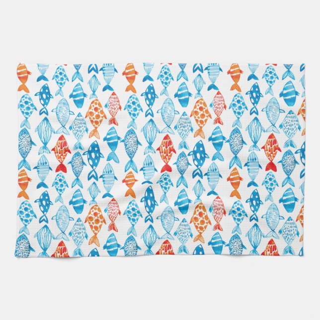 Pretty Coloured Fish Blue Red Kitchen Towel (Horizontal)