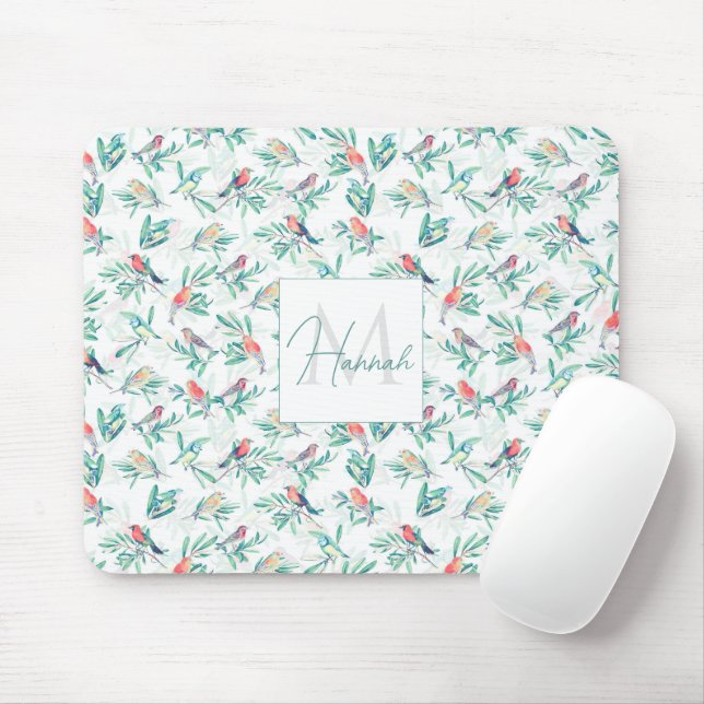 Pretty Colourful Birds Leaves Vintage White Design Mouse Pad (With Mouse)