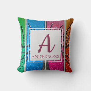 Pretty Colourful Blue Green Orange Pink Monogram Throw Pillow
