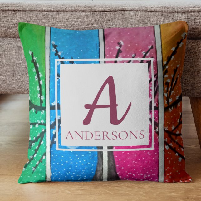Pretty Colourful Blue Green Orange Pink | Monogram Throw Pillow (Pretty Colorful Blue Green Orange Pink | Monogram Throw Pillow)