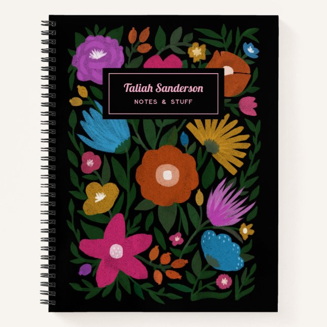 Pretty Colourful Bold Florals with Name | Black Notebook (Front)