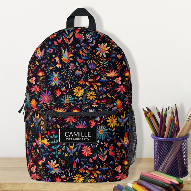 Pretty Colourful Botanical Art Midnight Name Custo Printed Backpack (Pretty colorful garden flowers, botanical art midnight name custom printed backpacks, back to school)