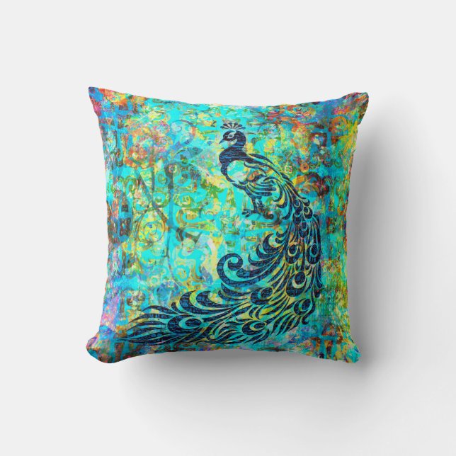 Pretty Colourful Bright Turquoise Peacock Abstract Throw Pillow (Front)