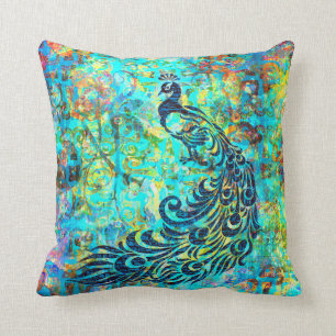 Pretty Colourful Bright Turquoise Peacock Abstract Throw Pillow