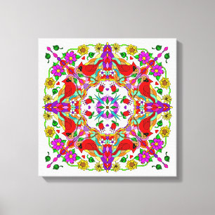 Pretty Colourful Cardinals and Flowers Mandala   Canvas Print