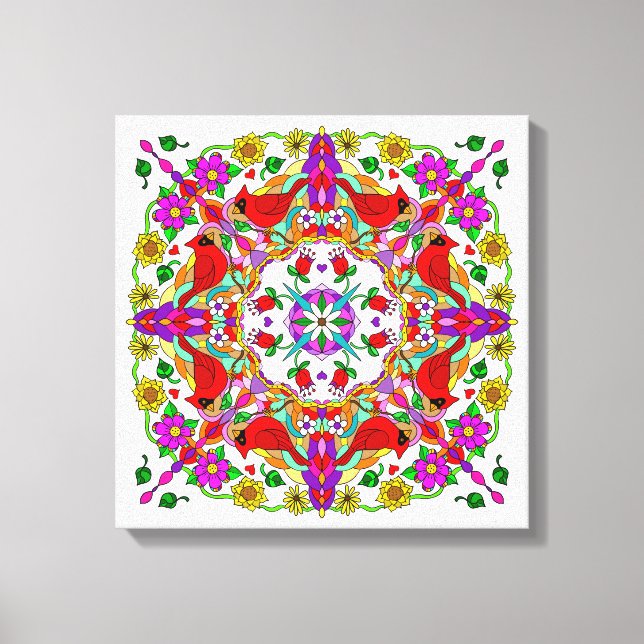 Pretty Colourful Cardinals and Flowers Mandala   Canvas Print (Front)