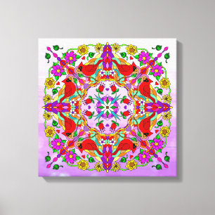Pretty Colourful Cardinals and Flowers Mandala   Canvas Print