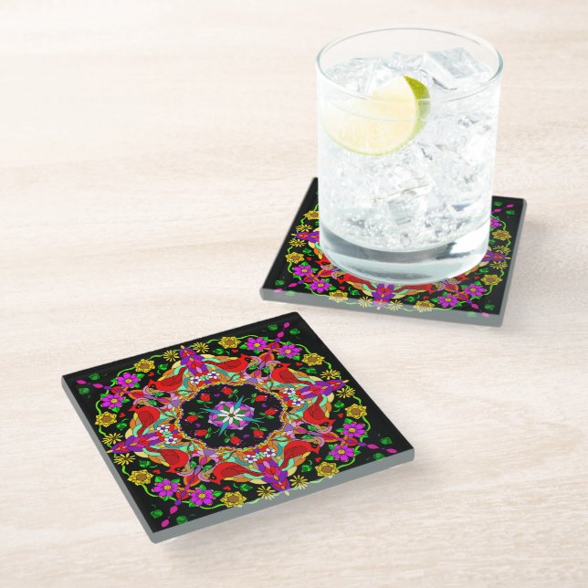 Pretty Colourful Cardinals and Flowers  Mandala Glass Coaster (Angled)