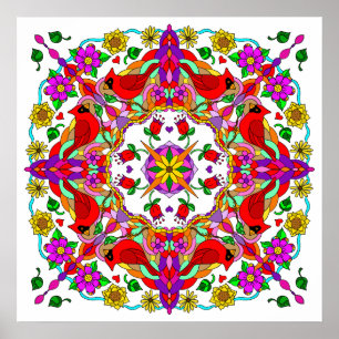 Pretty Colourful Cardinals and Flowers Mandala Poster