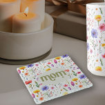 Pretty Colourful Country Wildflowers Modern Mom Glass Coaster<br><div class="desc">Coaster for mom with colourful wildflower pattern and bold modern green lettering on a soft green background,  The design features pretty wild flowers with "mom" lettered in ornate typography. Please browse my Mother's Day Wildflower Collection for more flowery cards and gifts.</div>