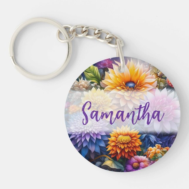 Pretty Colourful Digital Ai Art Flowers  Keychain (Front)