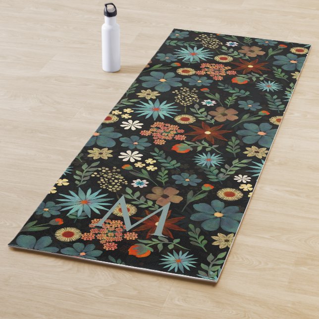 Pretty Colourful Ditsy Floral Black Design Yoga Mat (In Situ)